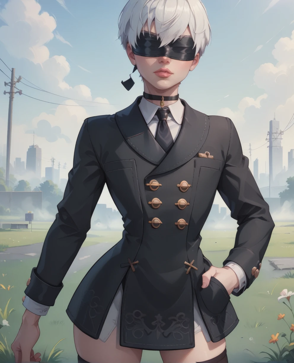 score_9,score_8_up,score_7_up,
yorhaxl,white hair,black blindfold,short hair,black choker,lips,
standing, skirt suit, (((three-piece suit))), (((dress shirt))), (((necktie))), (((blazer))), (((suit jacket))), ((waistcoat)), double-breasted waistcoat, (((bodycon miniskirt))), stockings, pocket square, cufflinks,
long sleeves,black jacket,buttons,
deserted school yard,fog,grass, crossdressing