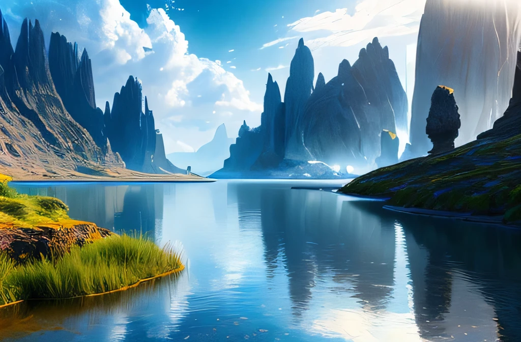 Futuristic landscape, water, (Highly detailed CG unit 8k wallpaper), The most beautiful works of art in the world, Professional majestic oil painting, Complex, Attention to detail, Sharp focus, dramatic, The art of photorealism painting,