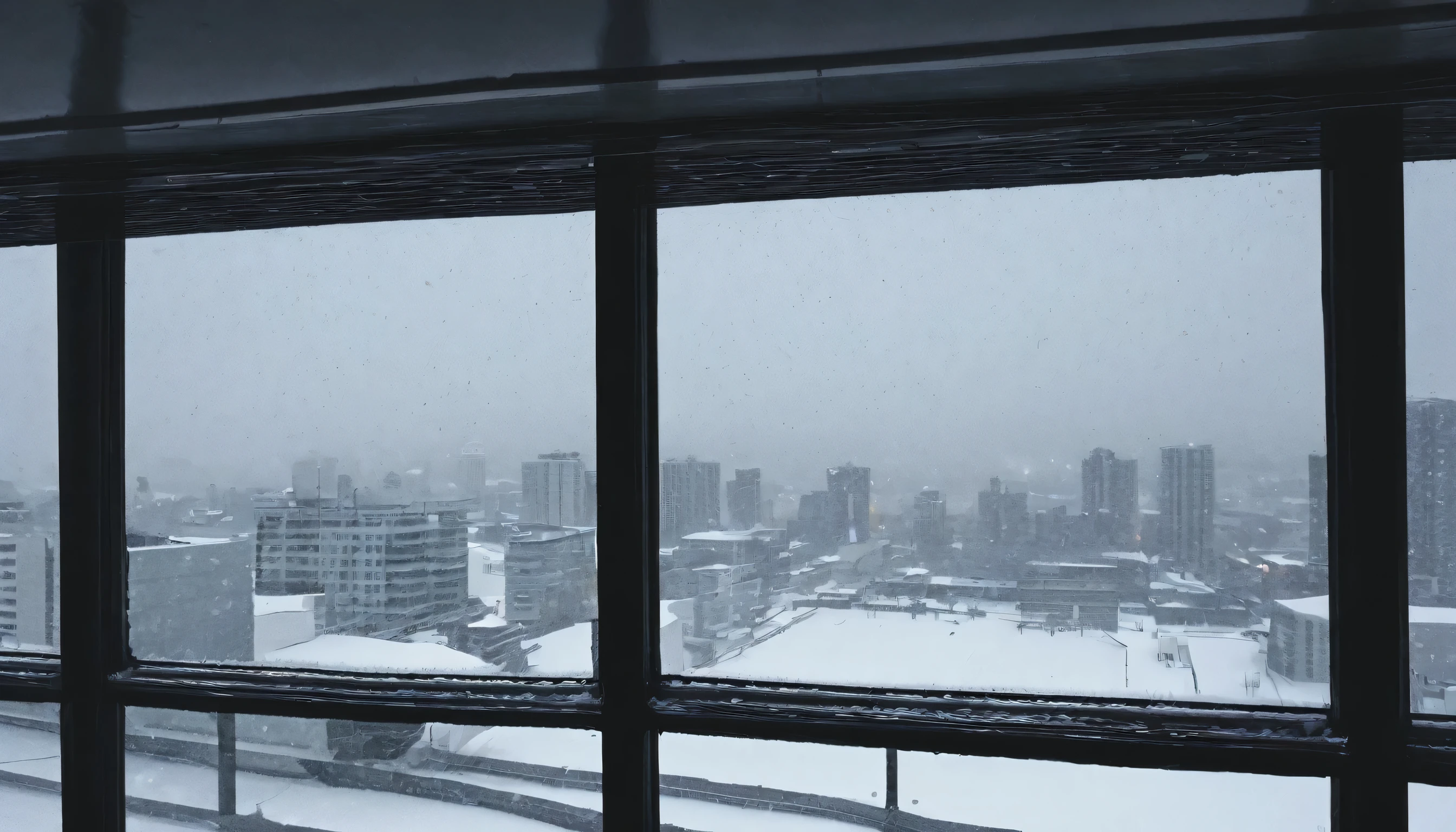 Cityscape, architecture, Non-human, cold sky,(blizzard:1.5), Snowstorm, City, dark sky, cold，Covered in heavy snow，Close-up of a building，Outside the window