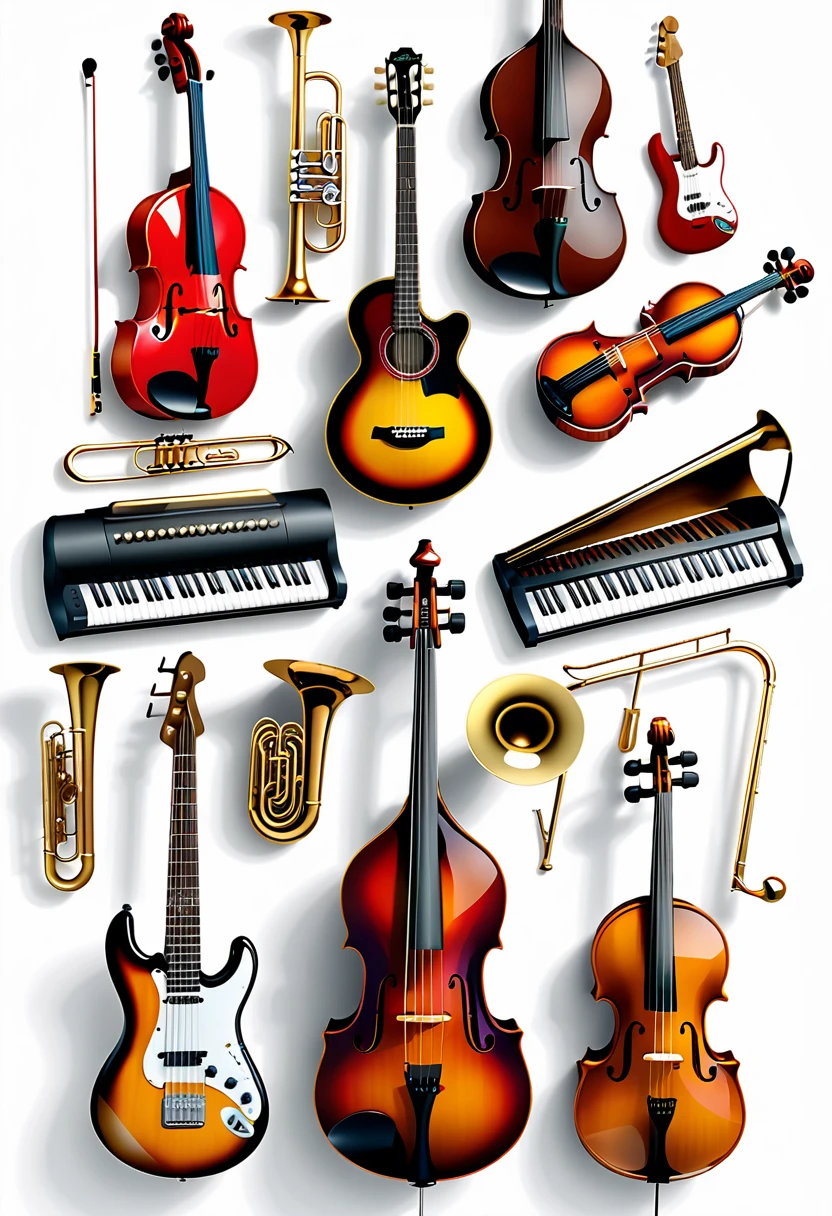 Generate a realistic style of common musical instruments，Takes up 70% of the image size%，Spawn items centered，The background is a pure white background，No extra elements needed。