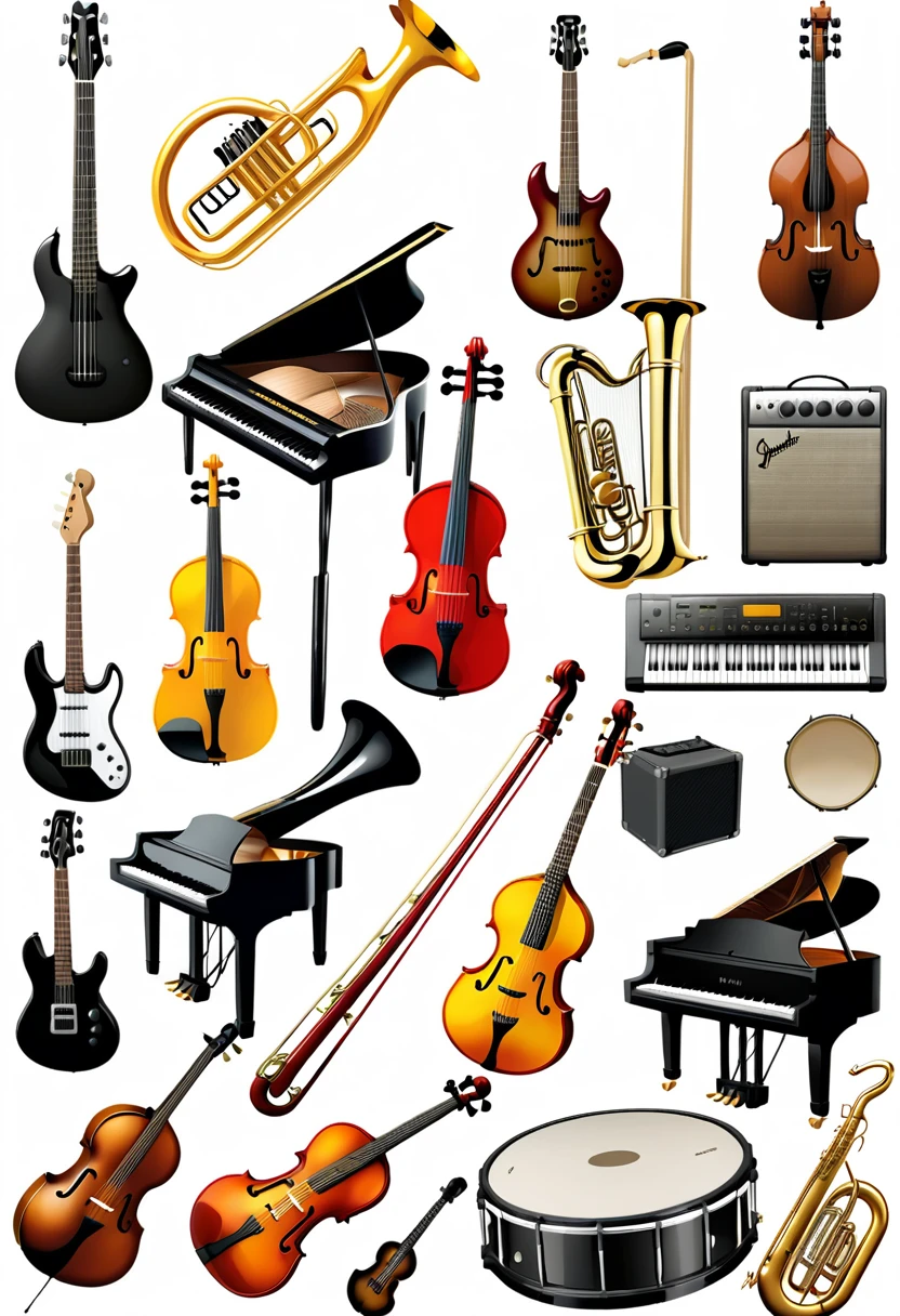 Generate a realistic style of common musical instruments，Takes up 70% of the image size%，Spawn items centered，The background is a pure white background，No extra elements needed。