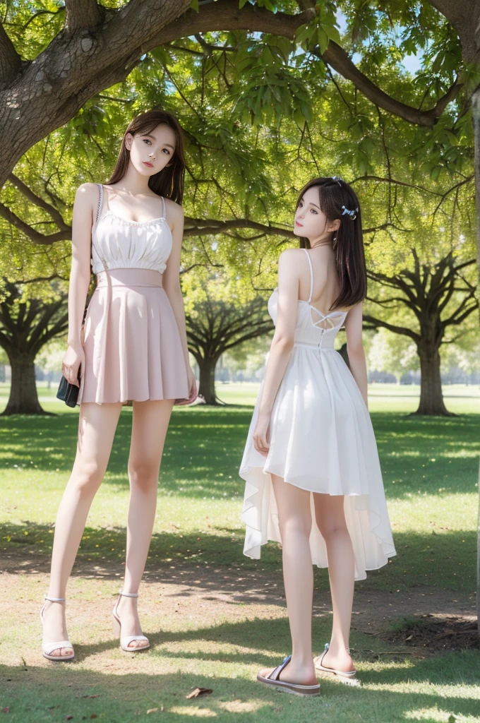 best quality, masterpiece, Ultra-fine high resolution, (Practical: 1.4),outdoor, (2 girls: 1.2), (20 years old,Upper Body,Eyes with light) ,(2 girls,Back to Back,Stand under a big tree: 1.4)