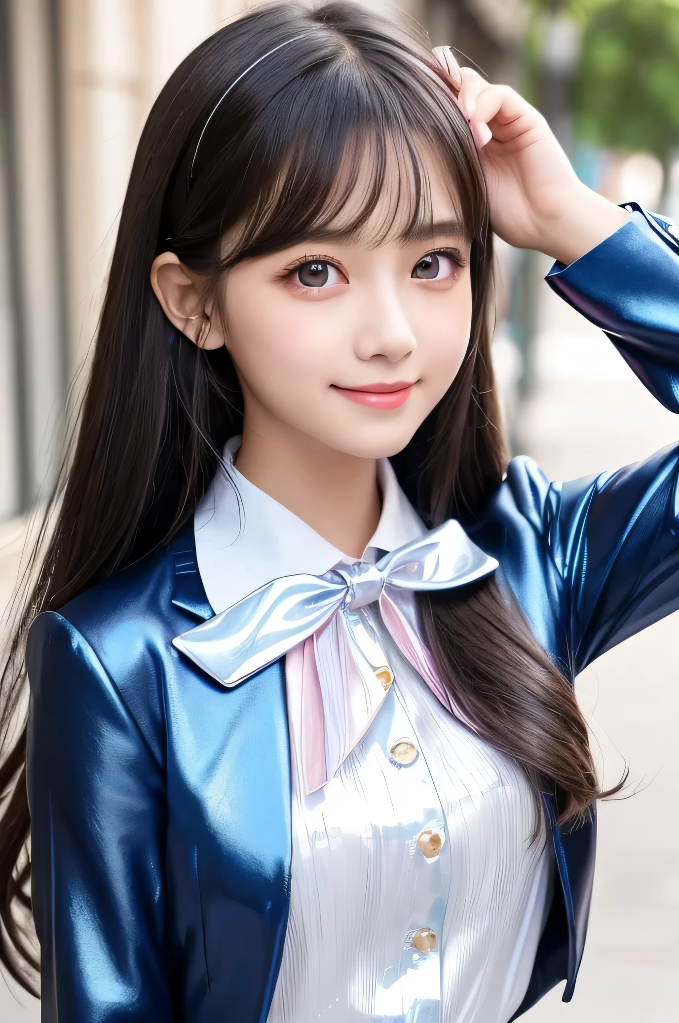 (Very beautiful  cute girl), (very  cute face:1.2),, (sparking crystal clear attractive large eyes), best looks, Beautiful detailed eyes, Detailed double eyelids, (smiling), (realistic photograph:1.2), long straight hair, (super shiny metallic dark blue blazer:1),metallic pearl white school blouse,(shiny metallic pink neck bow tie:1),(super shiny metallic dark blue pleat skirt :1)