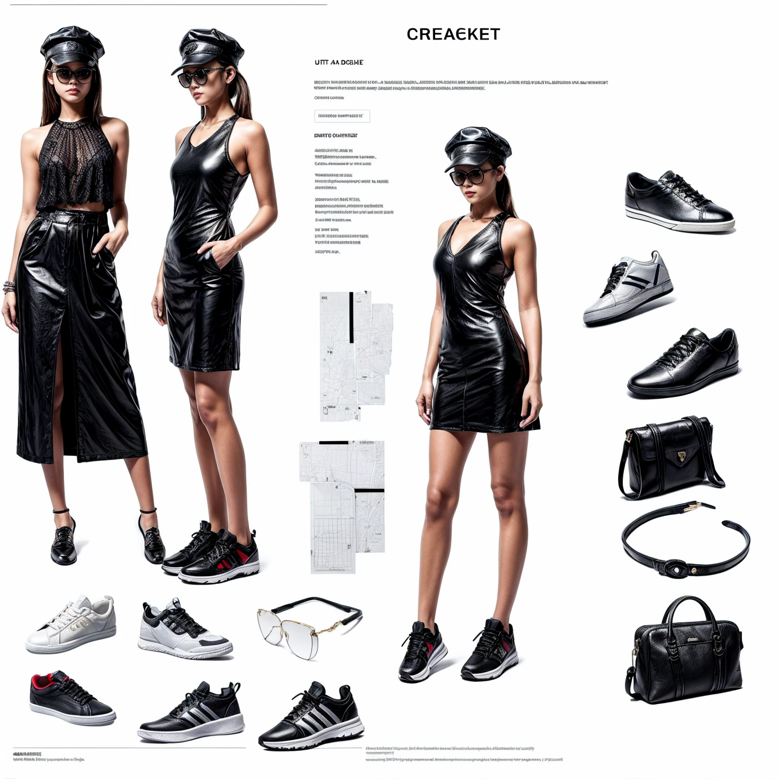 (((Create Detailed Design Sheet))), (there are no people, and no characters), (Front view, Side view, Diagonal view), (elegant style items, bundle of clothes, female handbags, hats, glasses, sunglasses), (Create detailed shoe gallery), ((multi-pair (high heels, sneaker, leather shoes etc))), description card. best quality, masterpiece, Representative work, official art, Professional, Ultra intricate detailed, 8k