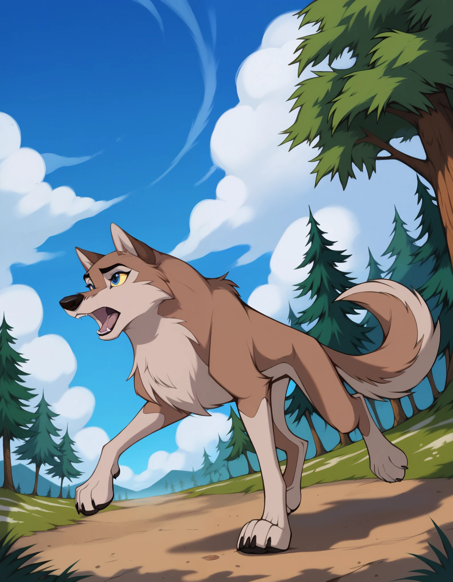 score_9, score_8_up, score_7_up, score_6_up,  aleu, open mouth, blue eyes, outdoors, sky, day, blue sky, no humans, colored sclera, dog, animal focus, animalization, 1girl, wolf, animal, body fur, two tone fur, yellow sclera, full body, running, trees,