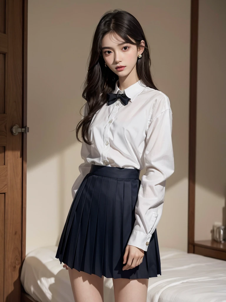 absurdres, RAW photo, extremely delicate and beautiful, masterpiece, Best Quality, ultra high resolution, 32k, hyperrealistic, ultra-detailed, perfect anatomy, perfect figure, super Detailed skin, 20 years old, very Slim body, narrow waist, very small head, very small face, delicate facial features, tearful mole, earring, thin legs, bare legs, indoor, school_uniform, dress shirt, pleated skirt,
