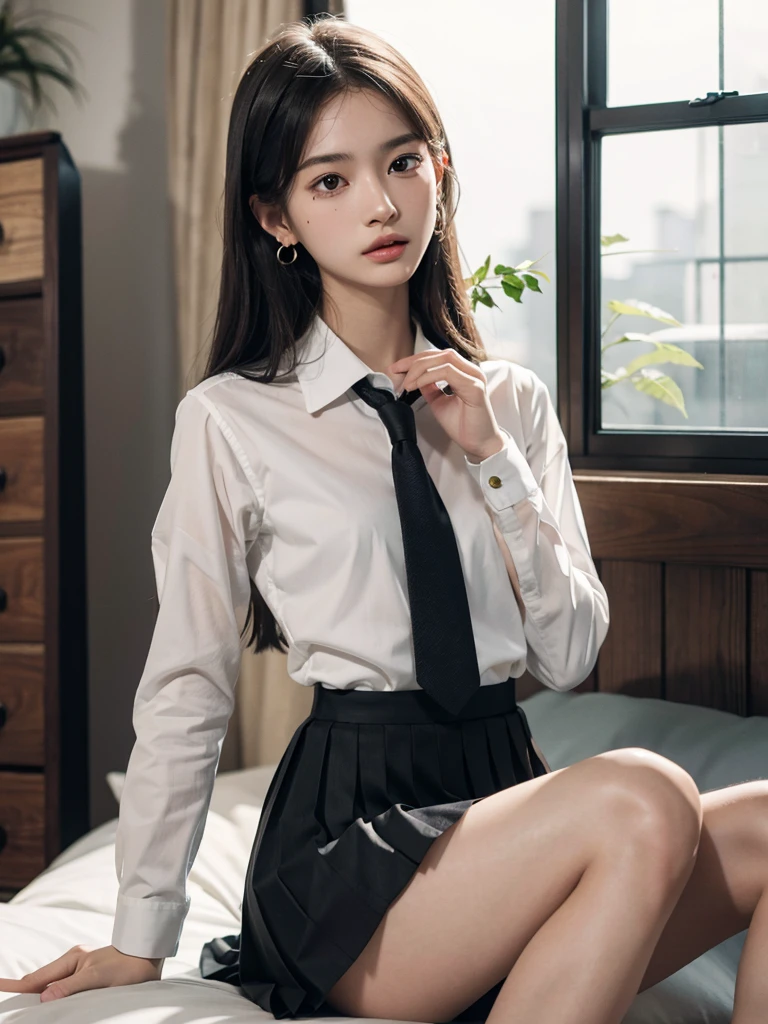 absurdres, RAW photo, extremely delicate and beautiful, masterpiece, Best Quality, ultra high resolution, 32k, hyperrealistic, ultra-detailed, perfect anatomy, perfect figure, super Detailed skin, 20 years old, very Slim body, narrow waist, very small head, very small face, delicate facial features, tearful mole, earring, thin legs, bare legs, indoor, school_uniform, dress shirt, pleated skirt,