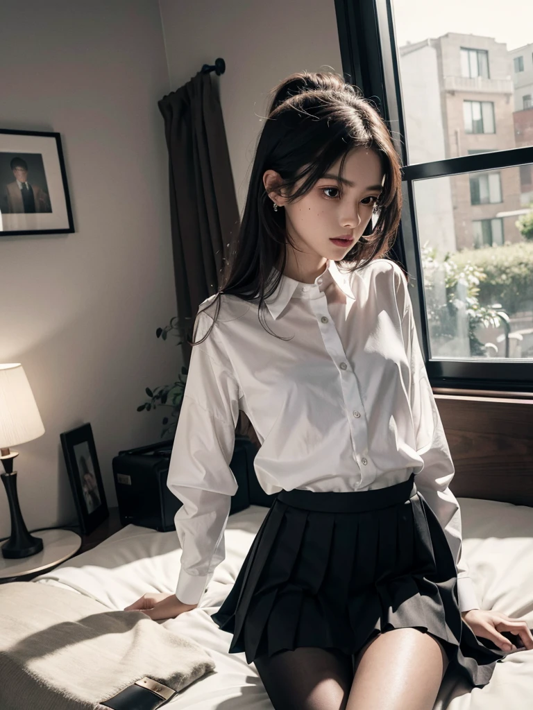 absurdres, RAW photo, extremely delicate and beautiful, masterpiece, Best Quality, ultra high resolution, 32k, hyperrealistic, ultra-detailed, perfect anatomy, perfect figure, super Detailed skin, 20 years old, very Slim body, narrow waist, very small head, very small face, delicate facial features, tearful mole, earring, thin legs, bare legs, indoor, school_uniform, dress shirt, pleated skirt,