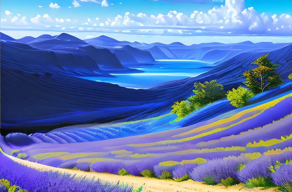 Futuristic landscape, Cobalt Blue Water, lavender(Highly detailed CG unit 8k wallpaper), The most beautiful works of art in the world, Professional majestic oil painting, Complex, Attention to detail, Sharp focus, dramatic, The art of photorealism painting