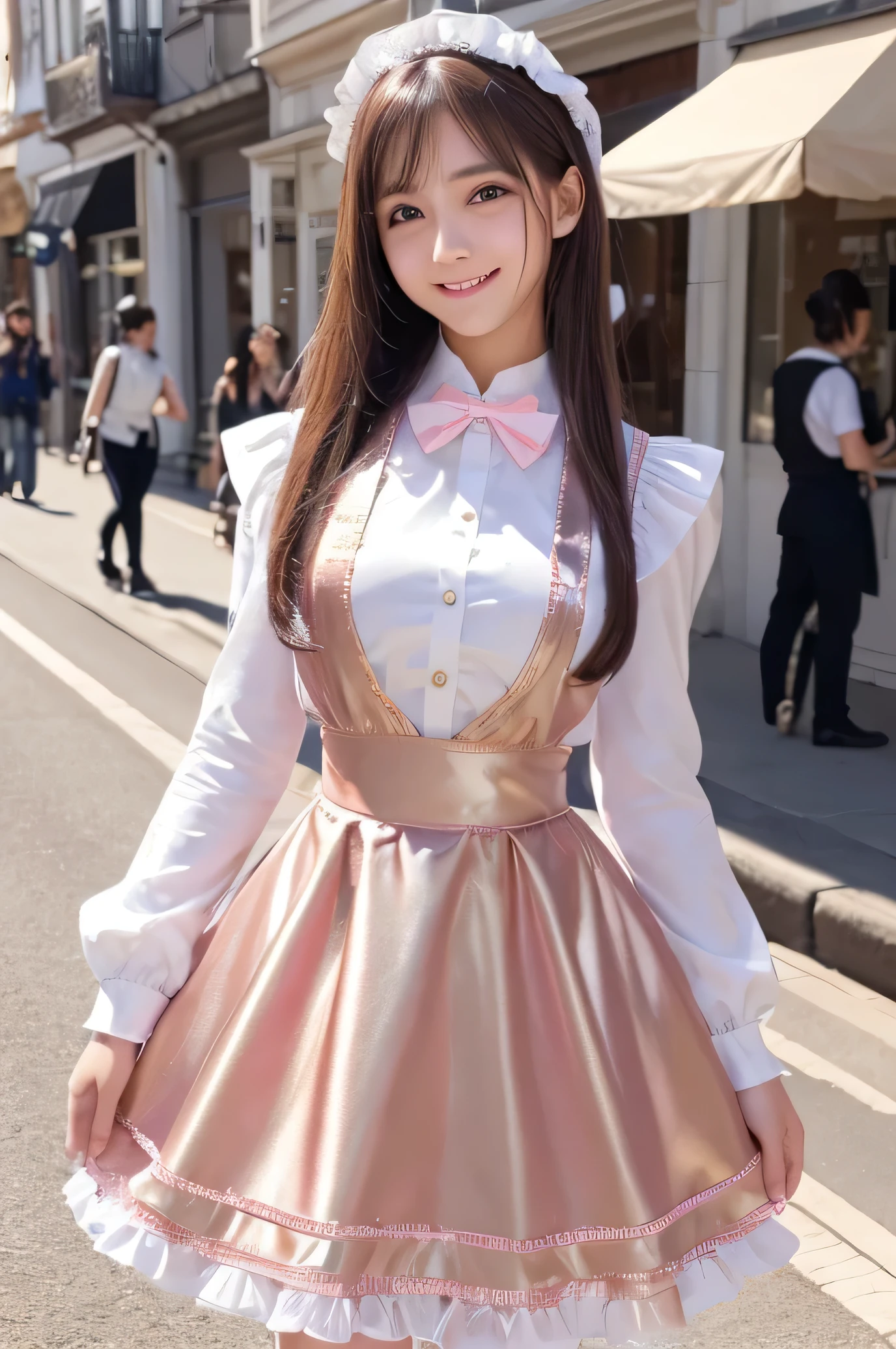 (Very beautiful cute girl), (very cute face:1.2),15 yo, (sparking crystal clear attractive large eyes), best looks, Beautiful detailed eyes, Detailed double eyelids, (smiling), (realistic photograph:1.2), long straight hair, (Super shiny white and metallic pink maid costume :1),beautiful apron and skirt, (metallic pink Maid costume:1),cowboy shot,in the street