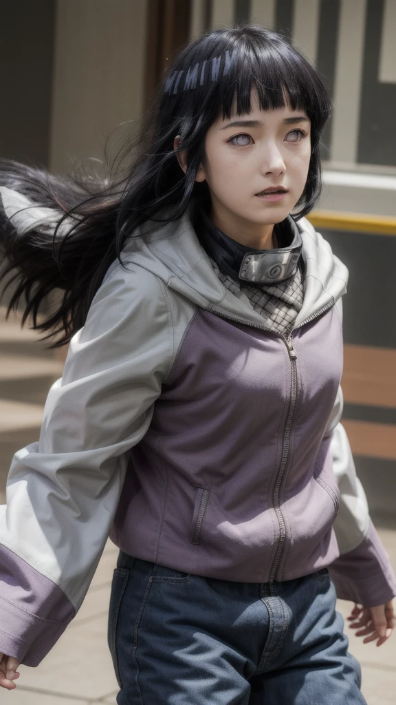 masterpiece, absurdres, 1girl, hinata\(shippuden\), solo,hooded jacket, fishnets, headband around neck, looking at viewer,  floating hair,  wind, blue pants, 