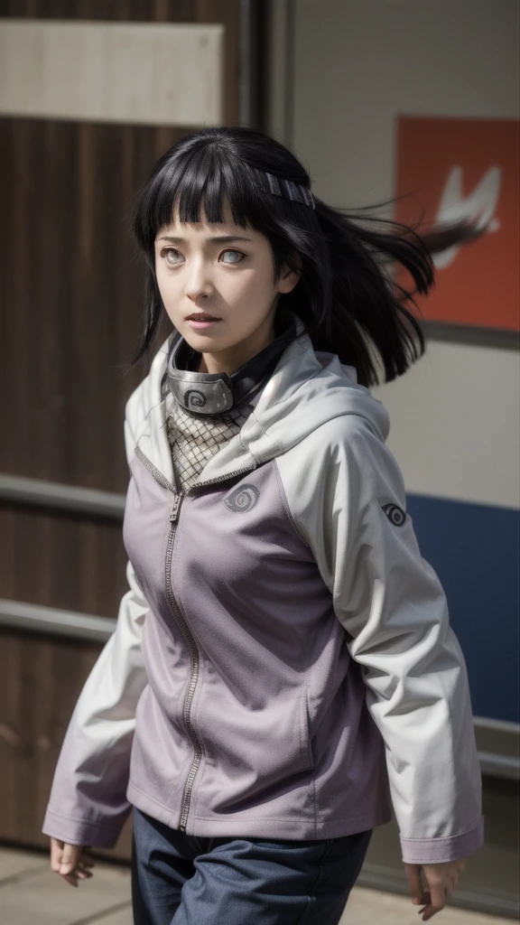 masterpiece, absurdres, 1girl, hinata\(shippuden\), solo,hooded jacket, fishnets, headband around neck, looking at viewer, floating hair, wind, blue pants,