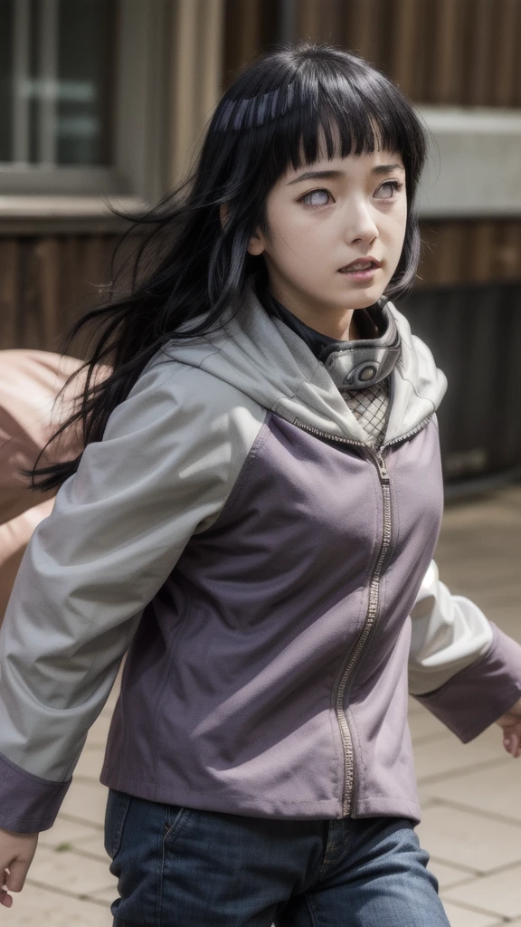masterpiece, absurdres, 1girl, hinata\(shippuden\), solo,hooded jacket, fishnets, headband around neck, looking at viewer, floating hair, wind, blue pants,