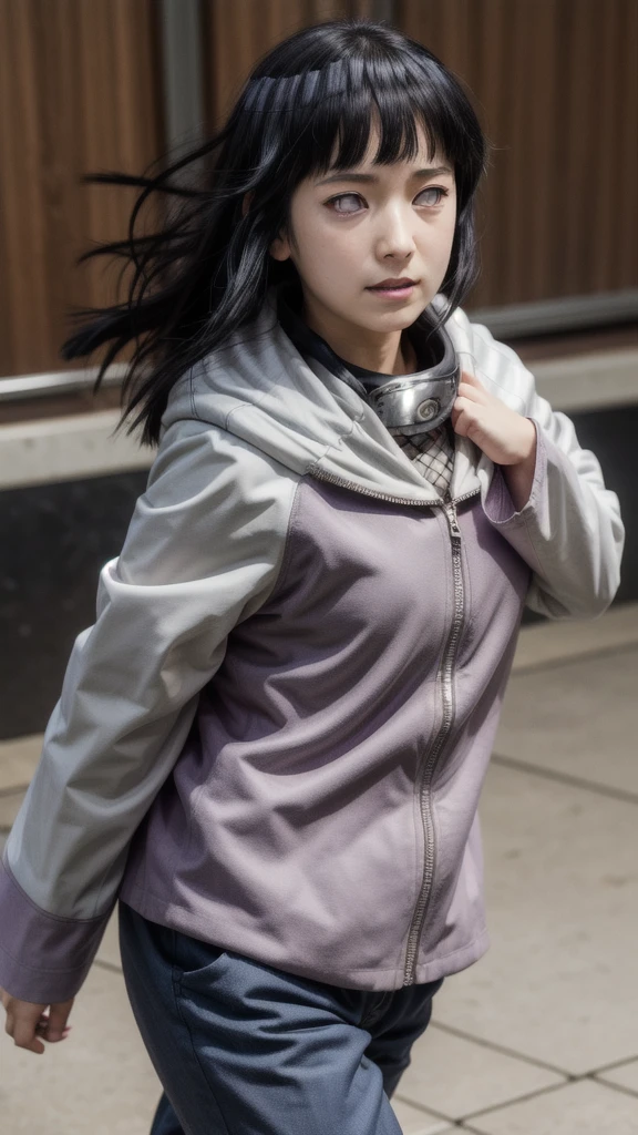 masterpiece, absurdres, 1girl, hinata\(shippuden\), solo,hooded jacket, fishnets, headband around neck, looking at viewer,  floating hair,  wind, blue pants, 