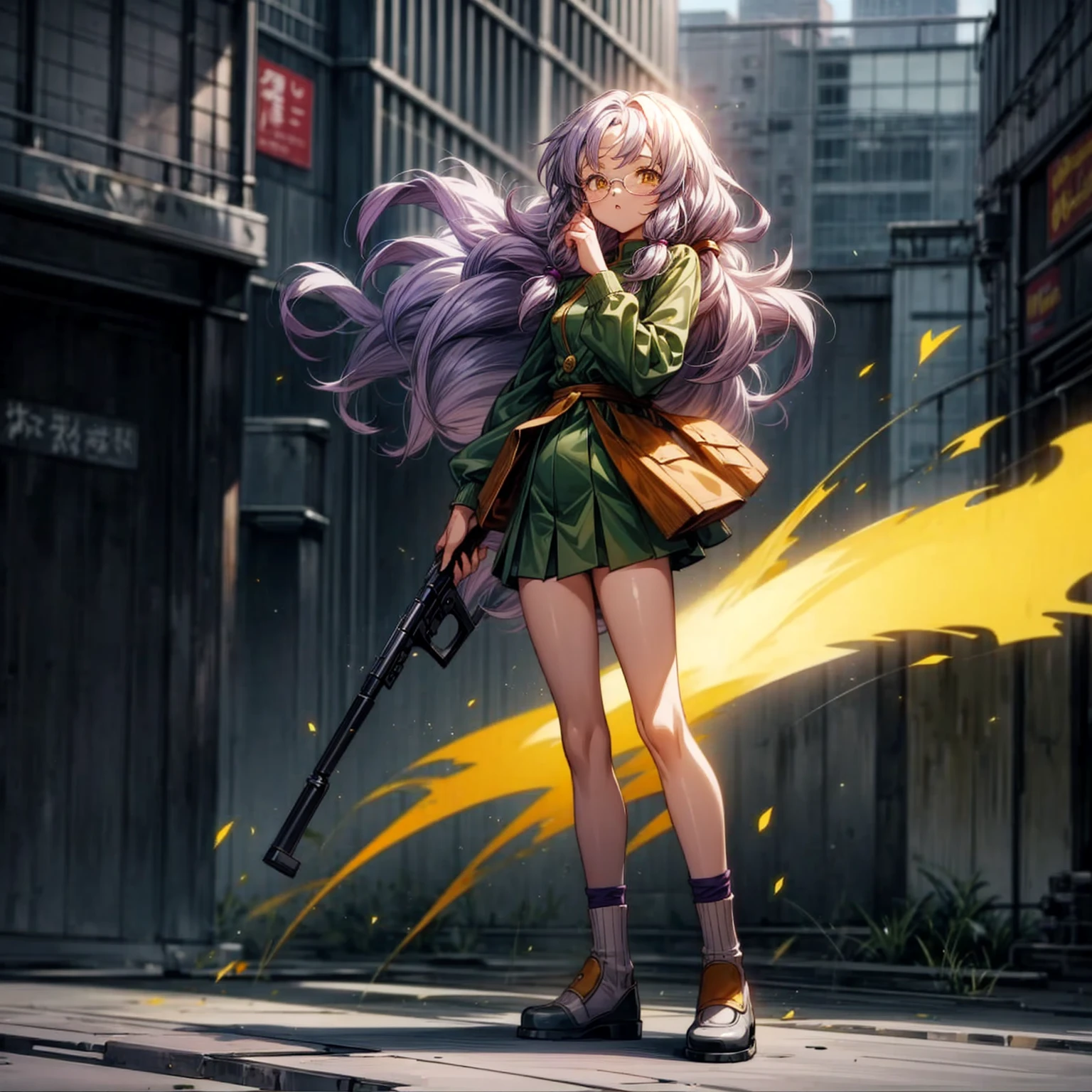 1girl, Full body version, 1character, gold eyes, long Curly haircut, lavender color hair, army style clothing, white glasses, Long socks, Grassroots, background in city street, motion blur, (dragon ball style art), Gesture standing, shotgun in hand 