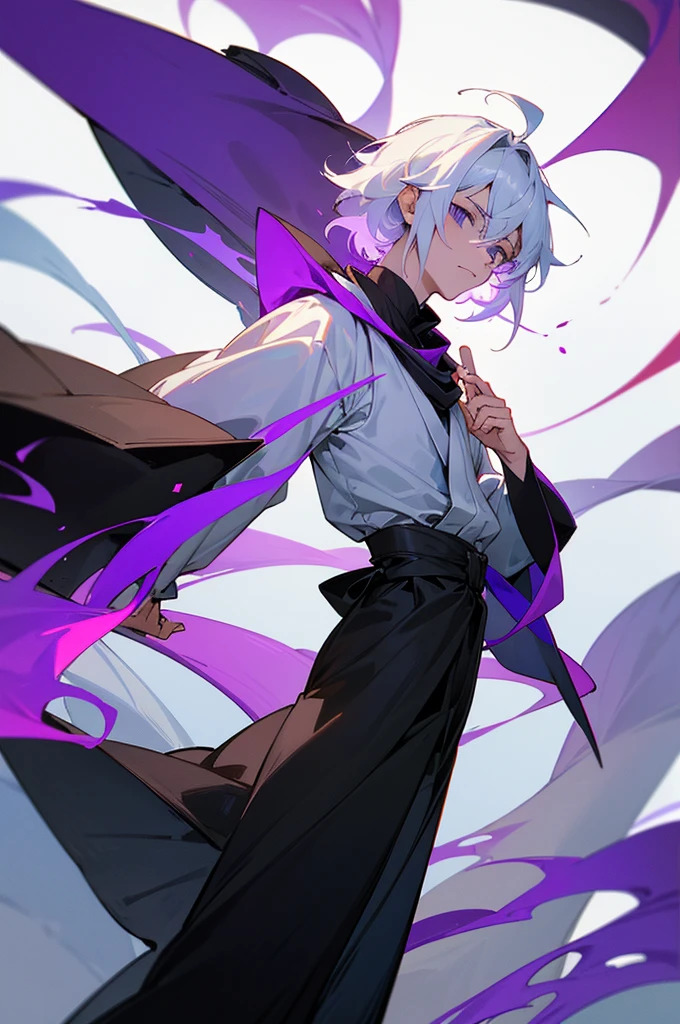 Shawm - 21 years old young man, which was destined for a greater doings. Shawm is a young man, around 21 years old, a sorcerer which is quite skilled in the magic of cursed purple flames. He's short, well built. Usually frowning face shows no sign of emotion, and his half-closed emotionless blank black eyes only consolidate that fact. Tousled white hair with a slight purple colour in it's roots brushed behind, with a small bunch
of it sticking up before his eyes. Usually he's dressed in a white shirt, white hakama and black runners. On the neck he wears black long scarf which covers his mouth, with two tips waving behind his back, and on the waist usually wrapped his black and white coloured jacket, wrapped by its sleeves around his body. On Shawm's shoulder should be seen a small white chibi cat - his name is Kazu, and it's his spiritual animal and a teacher, which helps him use his powers. Cursed flames gather around his figure in a small spiritual swirling balls.