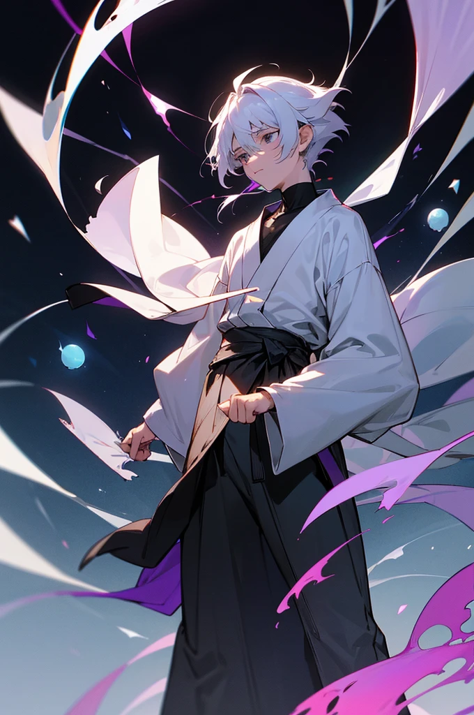 Shawm - 21 years old young man, which was destined for a greater doings. Shawm is a young man, around 21 years old, a sorcerer which is quite skilled in the magic of cursed purple flames. He's short, well built. Usually frowning face shows no sign of emotion, and his half-closed emotionless blank black eyes only consolidate that fact. Tousled white hair with a slight purple colour in it's roots brushed behind, with a small bunch
of it sticking up before his eyes. Usually he's dressed in a white shirt, white hakama and black runners. On the neck he wears black long scarf which covers his mouth, with two tips waving behind his back, and on the waist usually wrapped his black and white coloured jacket, wrapped by its sleeves around his body. On Shawm's shoulder should be seen a small white chibi cat - his name is Kazu, and it's his spiritual animal and a teacher, which helps him use his powers. Cursed flames gather around his figure in a small spiritual swirling balls.