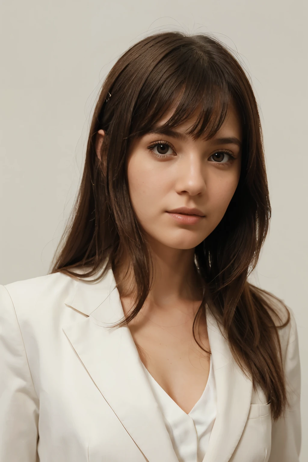 girl, formal suit, white background, looking camera, looking front, neutral expression, ID Photo, formal portrait photo profile picture, upper body