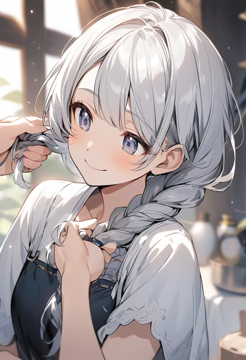 Silver Hair Asian smile Modest Droopy eyes short hair Braiding