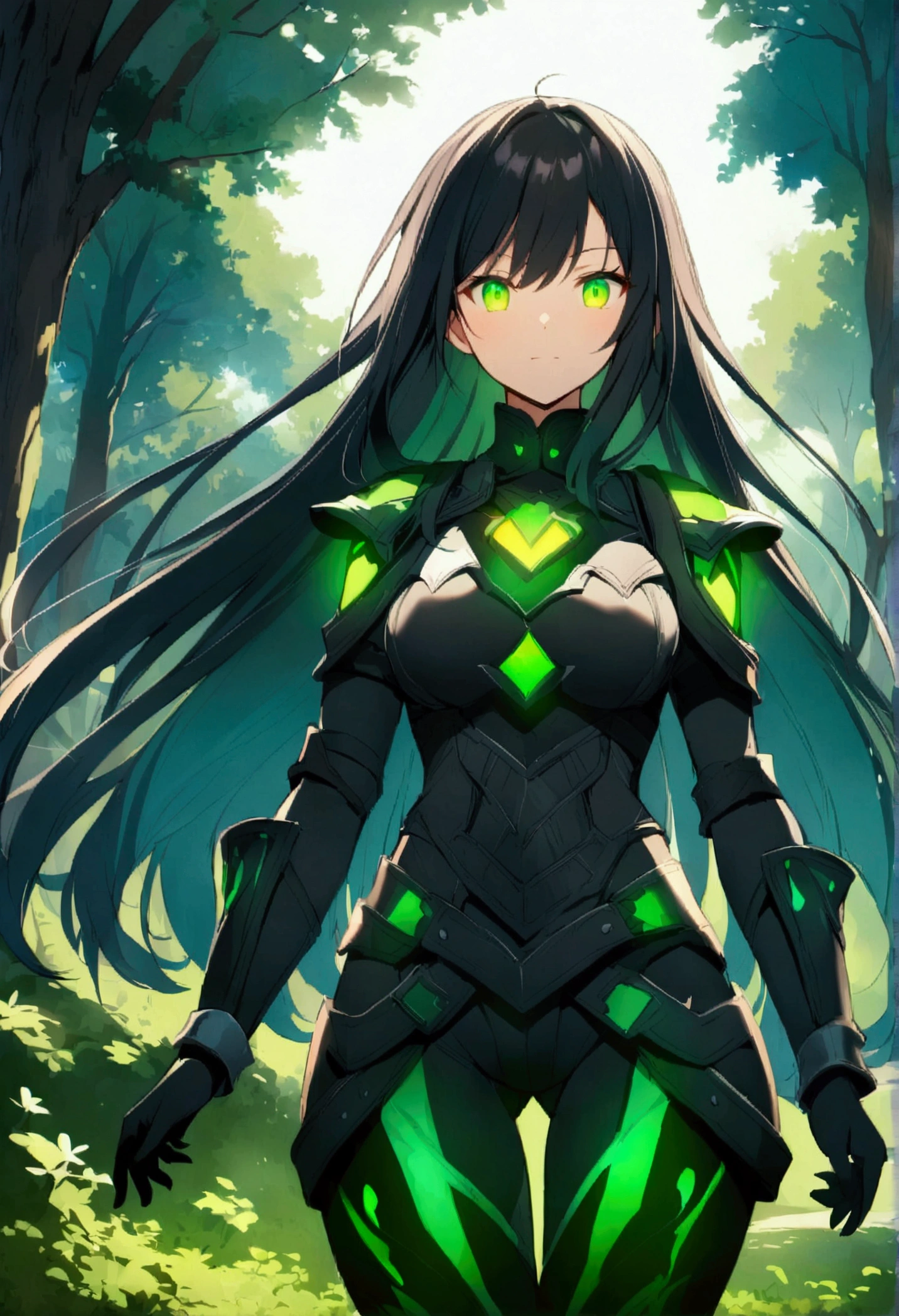 Anime girl, Long black hair, glowing green eyes,aesthetic body,warrior outfit