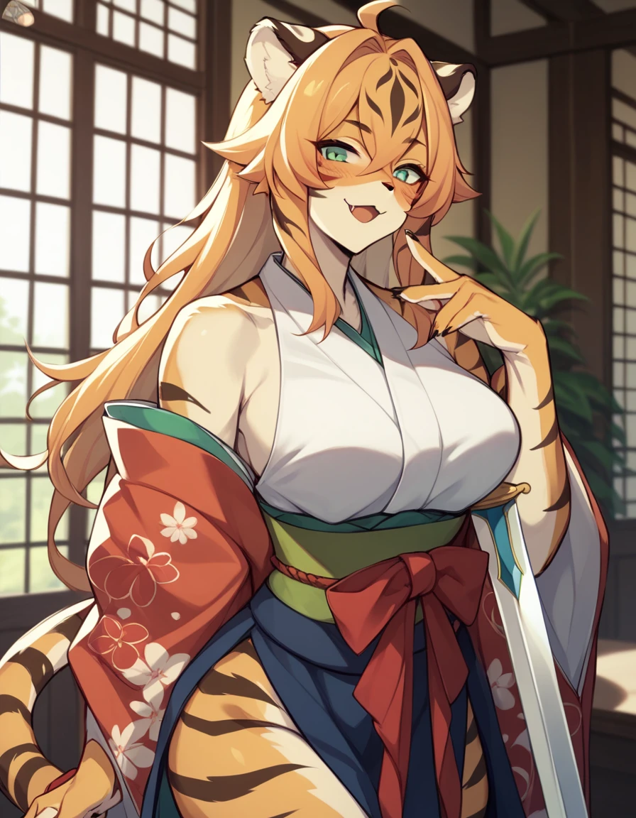 ((Tiger Girl、Sword in right hand、The left hand does not hold anything、))、(masterpiece、cute))、(kimono、A Cup)alone、kemono、Cat girl、Female furry,Background crop、humanoid cheetah、Fantasy、