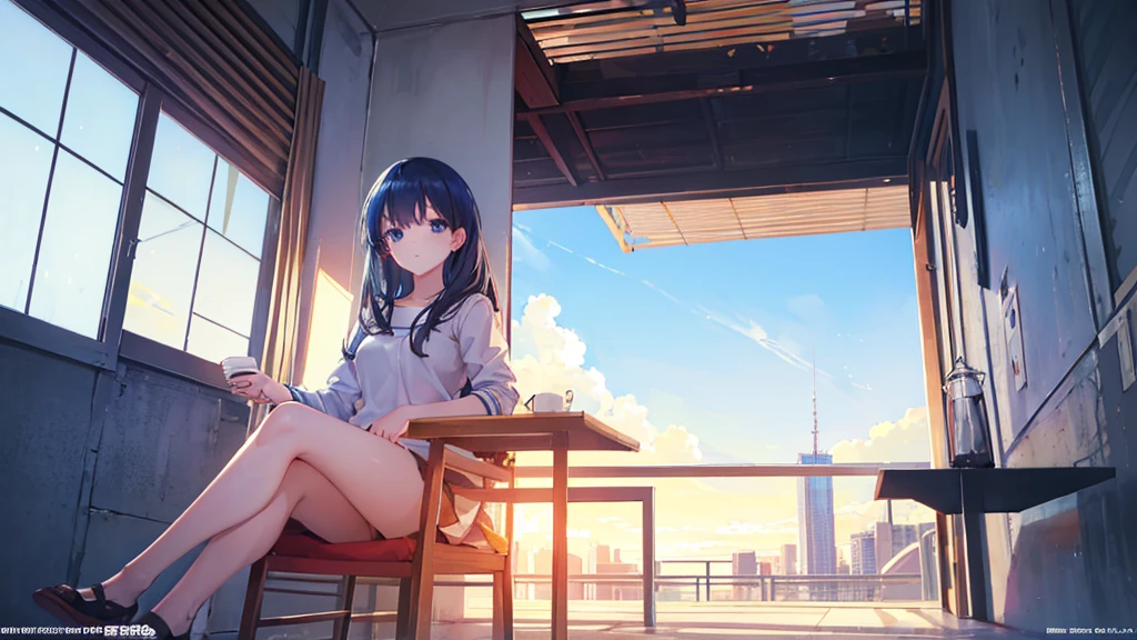 Woman sitting on the balcony looking up at the sky),(drink coffee),(Comfortable and comfortable seats),(Sunlight passing through the building),(The sky is clear.),(Evening),(Anime style landscape wallpaper with special details.),woman sitting with cat,