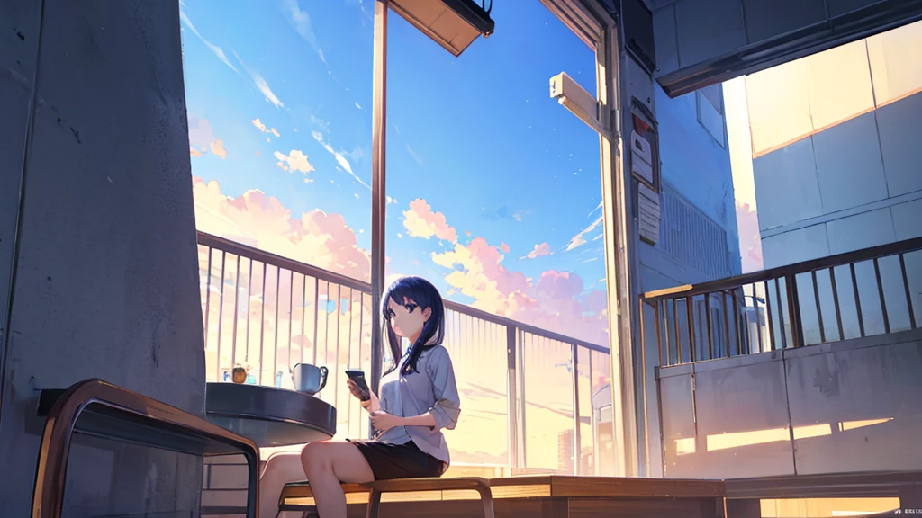 Woman sitting on the balcony looking up at the sky),(drink coffee),(Comfortable and comfortable seats),(Sunlight passing through the building),(The sky is clear.),(Evening),(Anime style landscape wallpaper with special details.),woman sitting with cat,