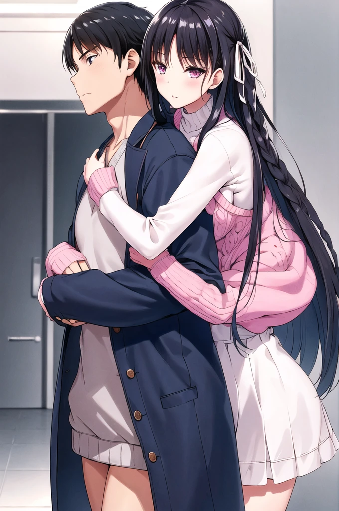 man hugs woman from behind、Rubbing her breasts:1.6,masterpiece, Highest quality, High resolution, Azune, Long Hair, Black Hair, (Single-edged:1.2), Hair Ribbon,Pink Eyes,Gray Knit Sweater Dress,V-neck,long sleeve bodycon dress,Moe sleeves,Arms crossed,from the front