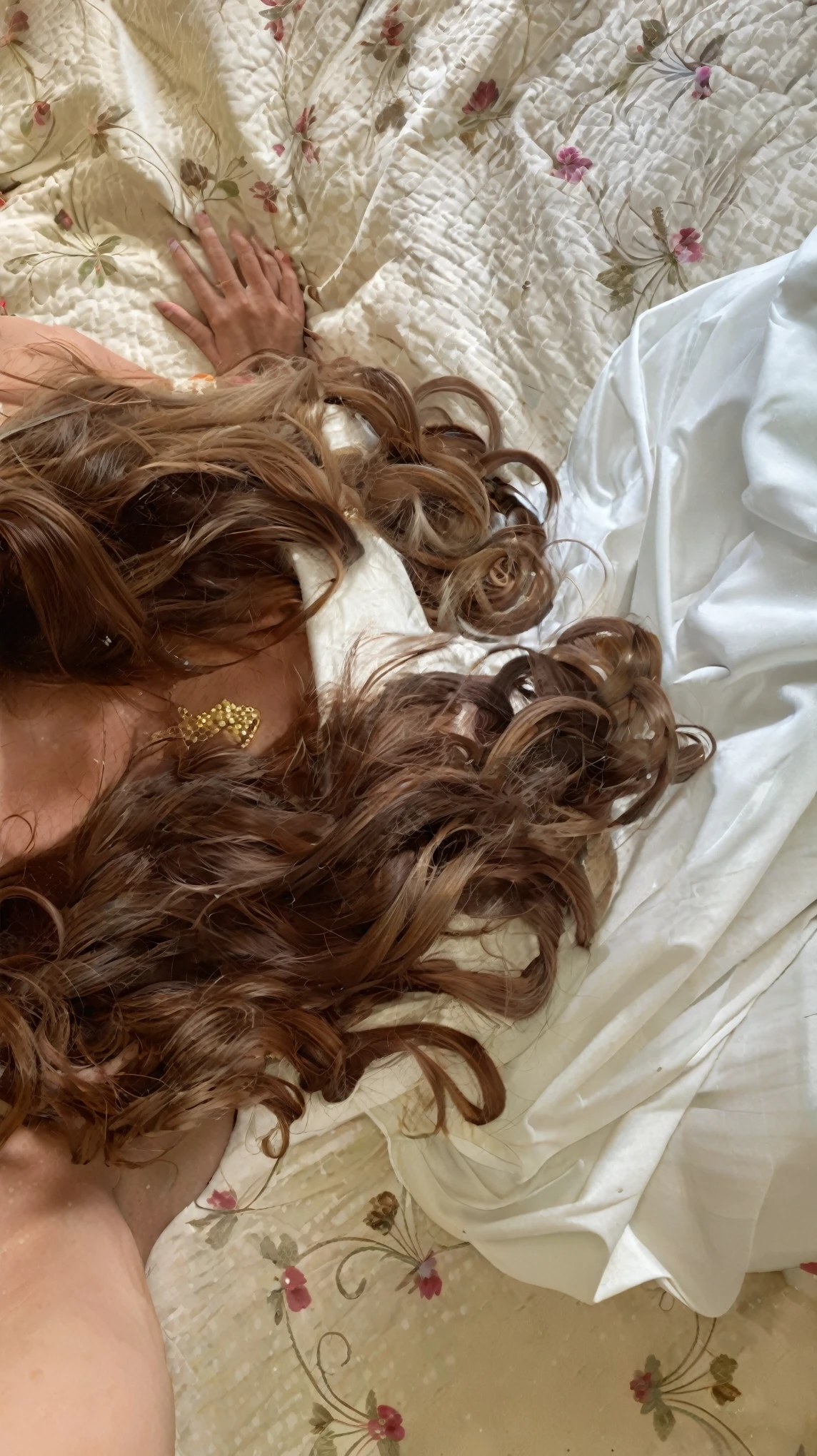 there is a woman laying on a bed with her head on a pillow, brown curly hair, curly brown hair, brown flowing hair, with brown hair, hair dyed to a hazelnut brown, long flowing brown hair, brown wavy hair, brown messy hair, curls, long curly brown hair, curled slightly at the ends, messy brown hair, curls hair, brown haired