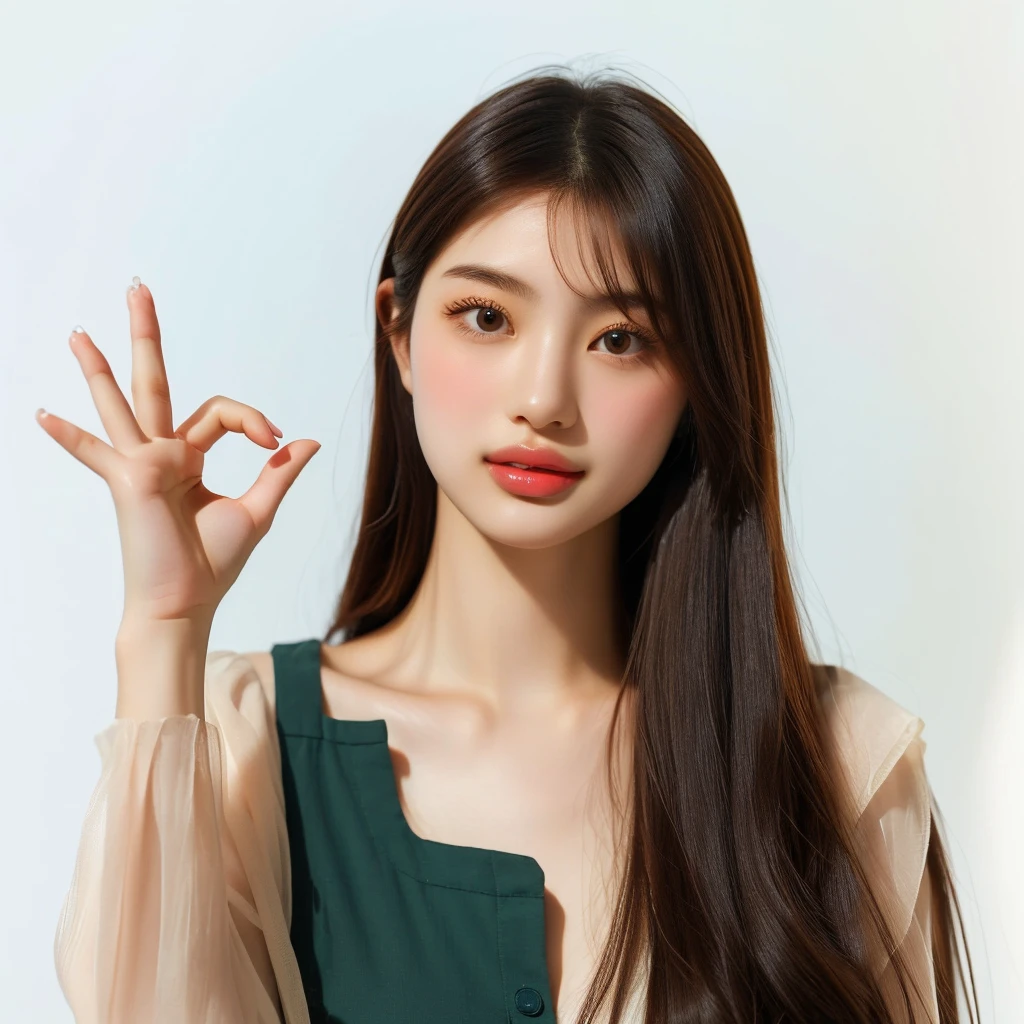 There is a woman making a peace sign with both hands., young Asian woman, beautiful young Korean women, Korean women, Long haired asian girl, Graceful smile pose, young asian girl, a young Asian woman, Professional Profile Photo, beautiful young Asian woman, beautiful south Korean women, gorgeous young Korean women, Asian woman, Chinese women, High-quality portraits