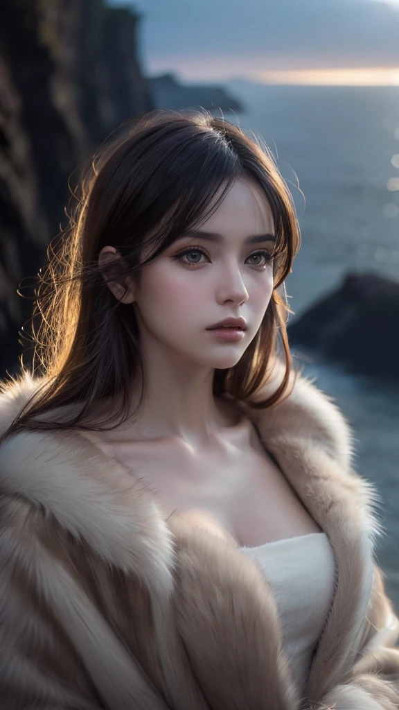 Chris (Sharp focus:1.2), photograph, Attractive Young Woman, (Beautiful Face:1.1), Detailed eyes, Seductive lips, (Smokey Eye Makeup:0.85), wear (Fur coat:1.2) To (Cliff Side:1.2). (Moody lighting:1.2), Depth of written boundary, Bokeh, 4K, High resolution. Toよる (James C. Chrisテンセン:1.2|Jeremy Lipking:1.1).