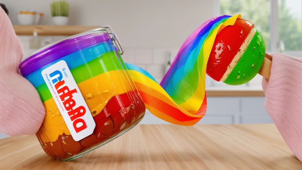 on a wooden table, glass jar with rainbow peanut er, ice cream dipped in rainbow peanut buttrainbow peanut butter sch. against the background of the kitchen .beautiful lighting, Beautiful sunlight, bright lighting, Realistic style , realistic texture, detailed texture, a high resolution, high quality, ultra hd 4k,