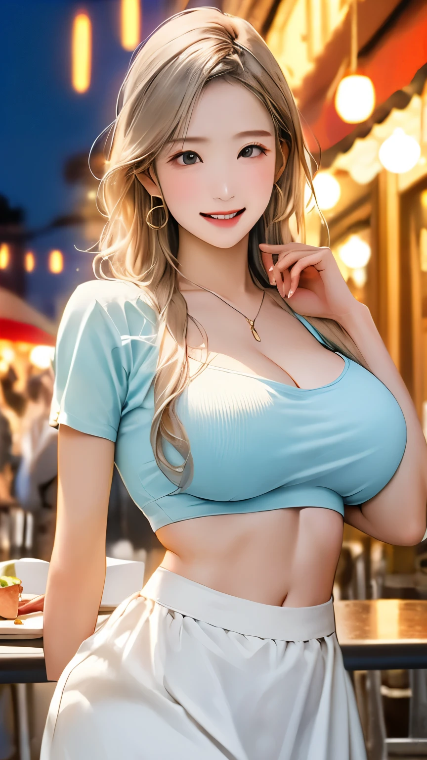 Realistic, masterpiece, Highest quality, (Beautiful Eyes), One high school girl,Sexy pose、(((Burstingly Big Breasts:1.5)))、((Tight abdomen))、 Huge breasts, Sweat, night, Outdoor, Vibrant restaurant, Micro bikini in, String-only micro bikini, Grin, Wet Face, Wet body, Earrings,  White apron,  Puff short sleeves,  Small tray,  Central opening, 