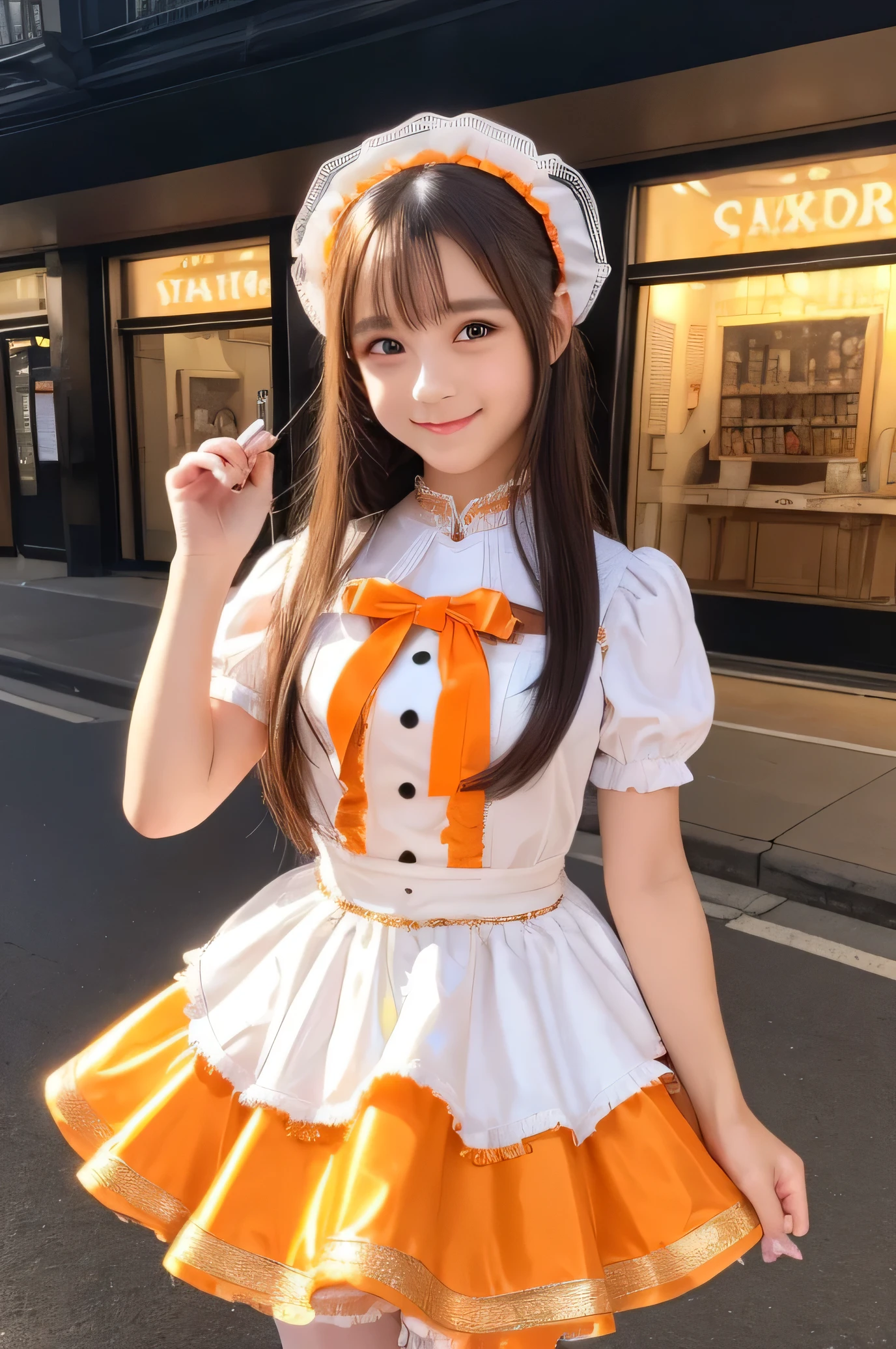 (Very beautiful cute girl), (very cute face:1.2),11 yo, (sparking crystal clear attractive large eyes), best looks, Beautiful detailed eyes, Detailed double eyelids, (smiling), (realistic photograph:1.2), long straight hair, (Super shiny white and metallic orange maid costume :1),beautiful apron and skirt, (metallic orange Maid costume:1),cowboy shot,in the street