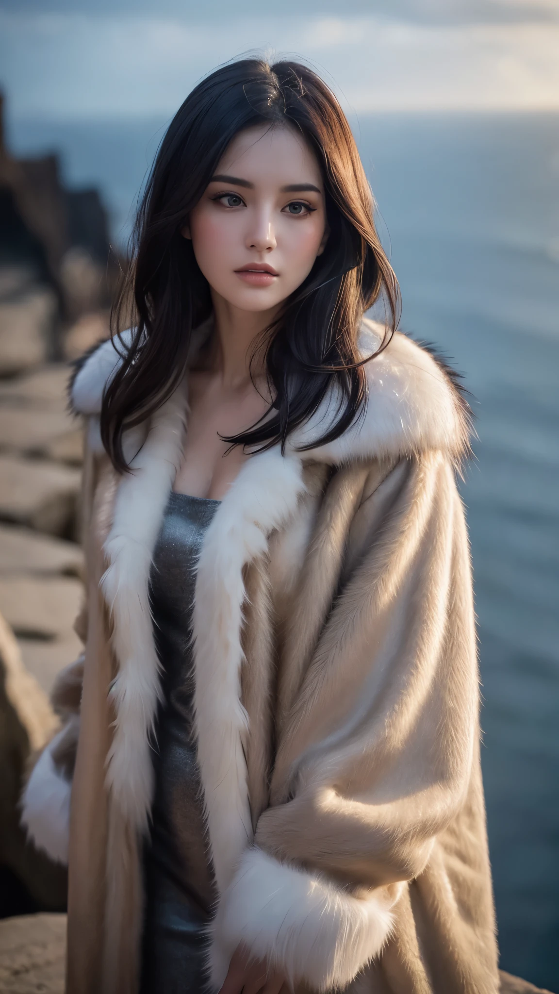 Chris (Sharp focus:1.2), photograph, Attractive Young Woman, (Beautiful Face:1.1), Detailed eyes, Seductive lips, (Smokey Eye Makeup:0.85), wear (Fur coat:1.2) To (Cliff Side:1.2). (Moody lighting:1.2), Depth of written boundary, Bokeh, 4K, High resolution. Toよる (James C. Chrisテンセン:1.2|Jeremy Lipking:1.1).