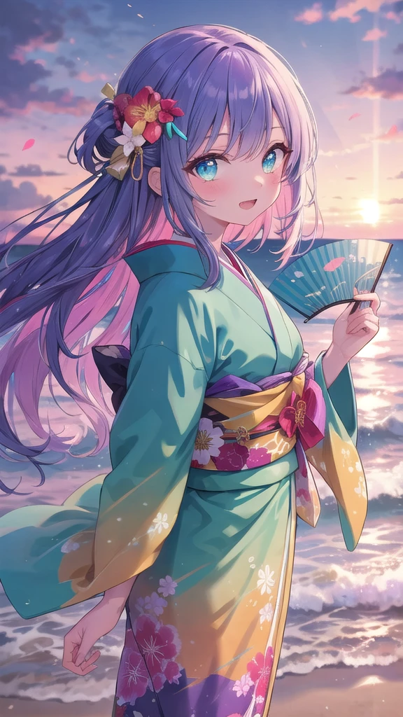 (8K, best quality, master piece: 1.2),super high resolution,1 girl, solo, cowboy shot ,ultra-detailed face, silme, Rainbow hair, thin hair clip, cyan colorshift eyes, expressive eyes, Ecstatic expression, Elegant kimono, silk, satin, red, gold, fan, Kanzashi hair ornament, Beach at sunset, orange, pink, purple, bright but with sunset shadows