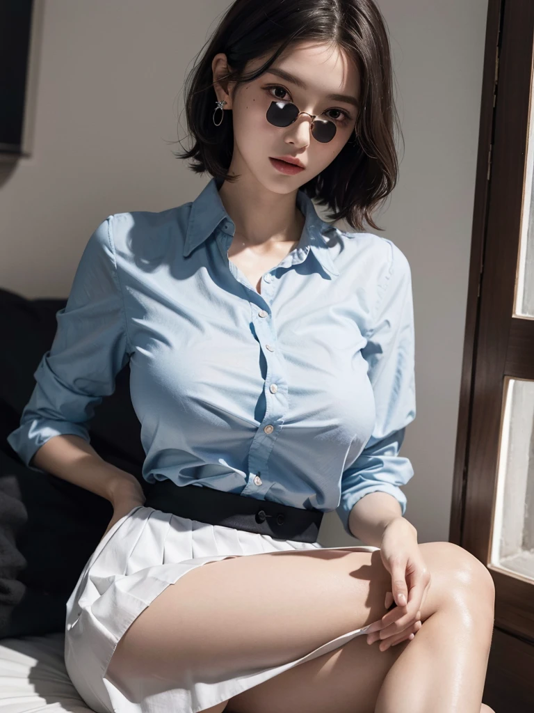 absurdres, RAW photo, extremely delicate and beautiful, masterpiece, Best Quality, ultra high resolution, 32k, hyperrealistic, ultra-detailed, perfect anatomy, perfect figure, super Detailed skin, 20 years old, very Slim body, narrow waist, very small head, very small face, delicate facial features, tearful mole, earring, thin legs, bare legs, ((very huge round breasts)), short medium hair, ((wavy hair)), wet clothes, school_uniform, dress shirt, pleated skirt, 