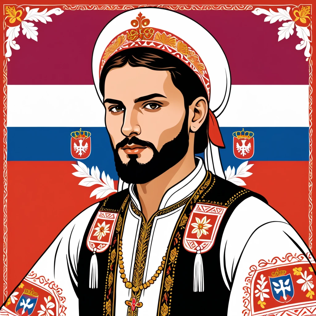 man in serbia folk outfit, vector graphics, strong contours