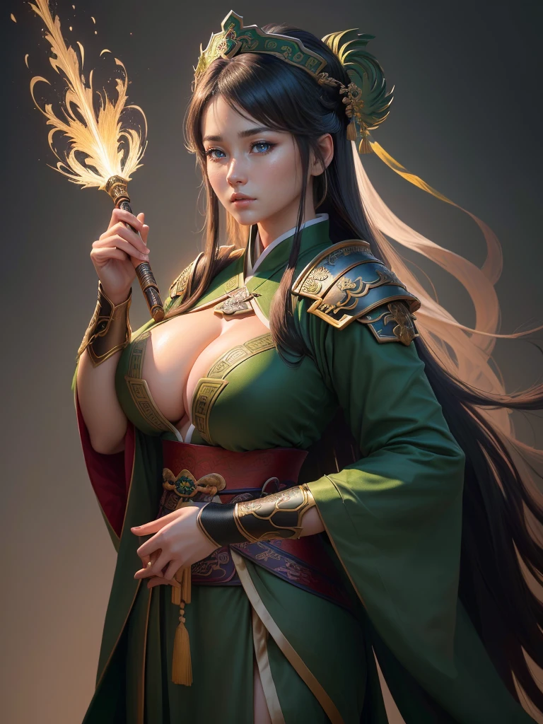 a close up of a woman in a green robe, inspired by Dong Yuan, zhao yun, inspired by Cao Zhibai, inspired by Guan Daosheng, inspired by Hu Zaobin, inspired by Huang Shen, inspired by Zhang Sengyao, inspired by Huang Ding, inspired by Wu Bin, inspired by Li Kan, guan yu, Highly detailed CG unit 8k wallpaper, masterpiece, High resolution, highest quality, highest quality real texture skin, Super Real, Digital Painting, Best image quality, 最High resolution, 8k, (((Highly detailed eyes and face, Beautiful eyes every detail))), profile, disproportionate breasts, huge breasts, sagging breasts, gigantic breasts, erect nipple, underboobs,