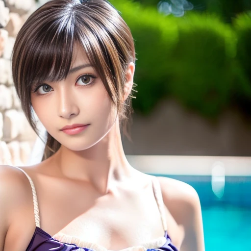 50-year-old married woman,Perfectly crafted eyes,Smooth and shiny hair、3D image、Brown tan skin,The bust is very large、Full body image、Poolside background、High resolution、high resolution、Swimwear、high resolution写真