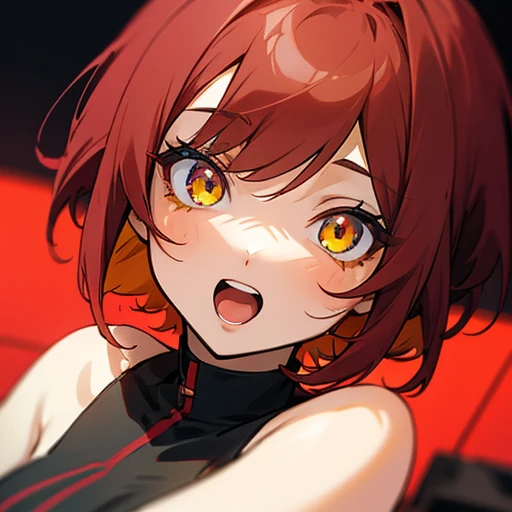 anime girl with short deep red hair, yellow eyes, singing at a concert, detailed eyes, ultra detailed, , high quality, vibrant colors,