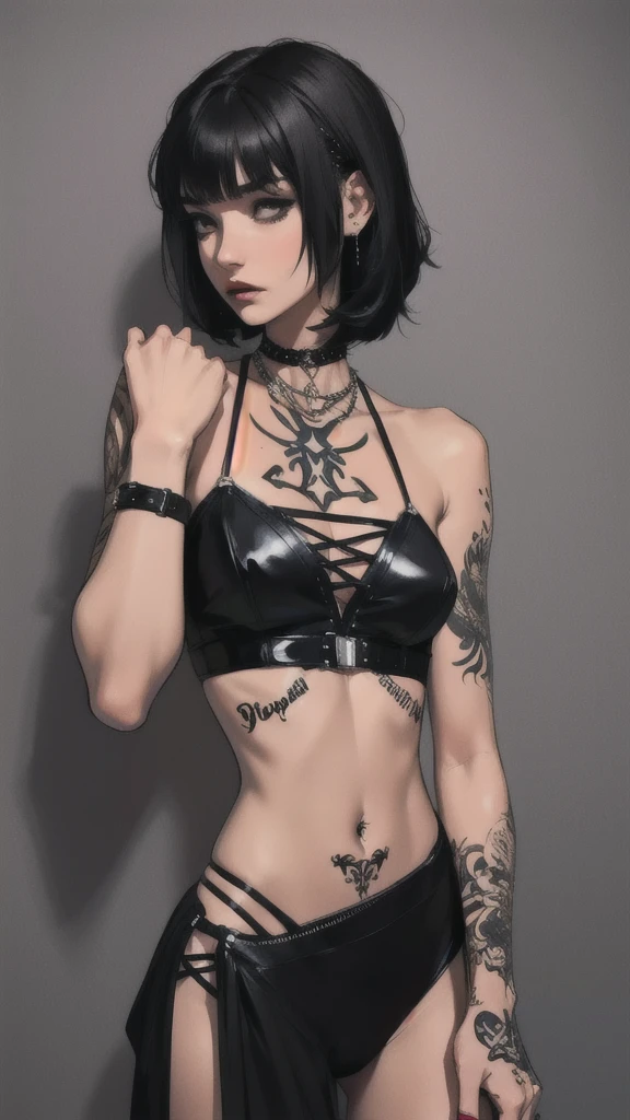 (lifelike, high - resolution:1.3), 1 girl with a perfect body,slender body, short black hair, blunt bangs, Super fine face and eyes, tattoos, piercings, (nose piercing), dark makeup, emo, goth ,tired, punk outfit:1.2, , thong straps, emo makeup