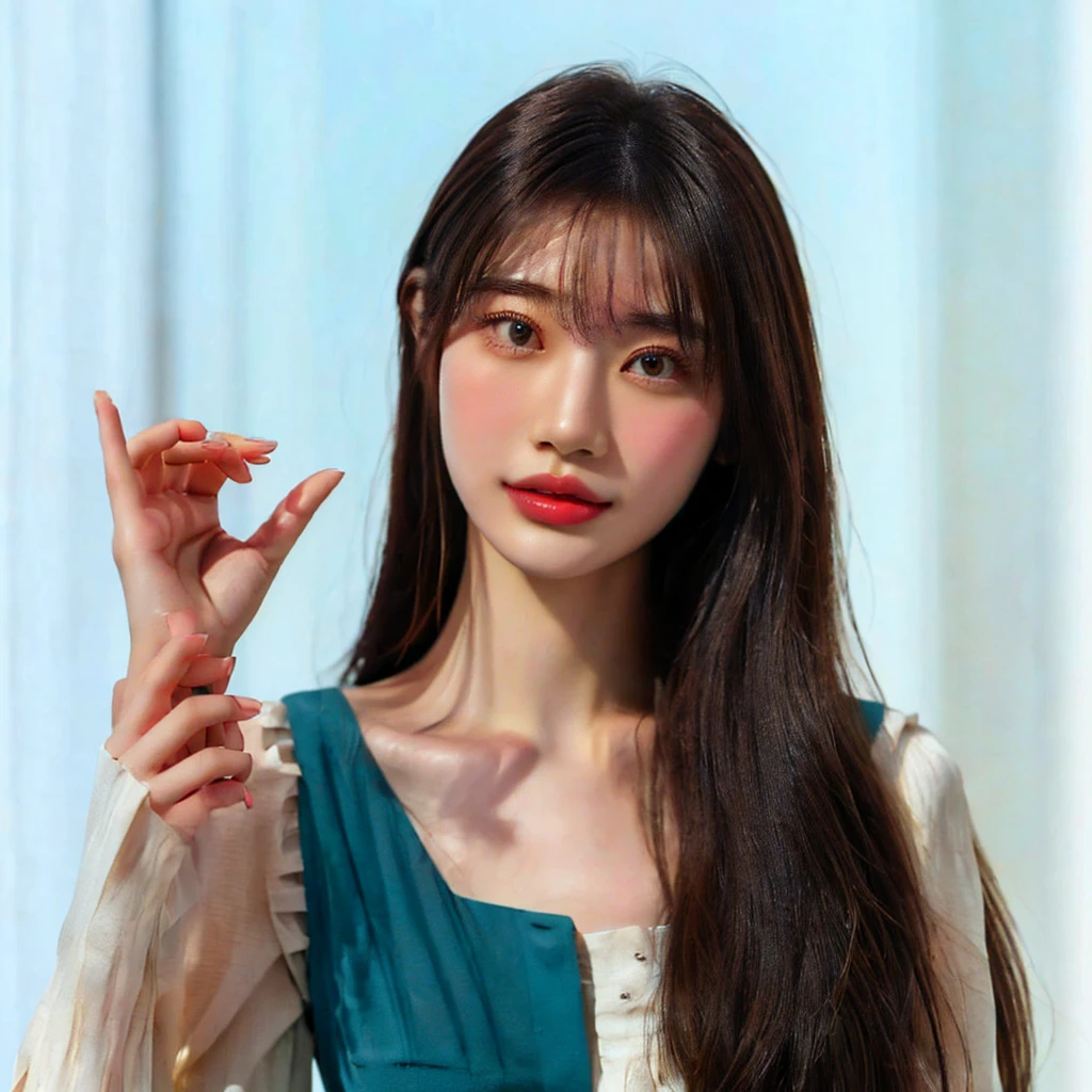 There is a woman making a peace sign with both hands., young Asian woman, beautiful young Korean women, Korean women, Long haired asian girl, Graceful smile pose, young asian girl, a young Asian woman, Professional Profile Photo, beautiful young Asian woman, beautiful south Korean women, gorgeous young Korean women, Asian woman, Chinese women, High-quality portraits