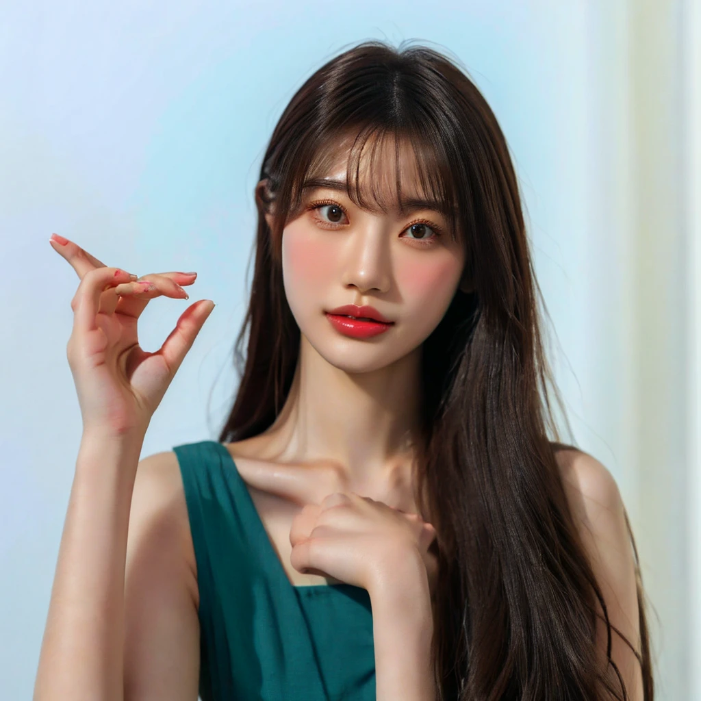 There is a woman making a peace sign with both hands., young Asian woman, beautiful young Korean women, Korean women, Long haired asian girl, Graceful smile pose, young asian girl, a young Asian woman, Professional Profile Photo, beautiful young Asian woman, beautiful south Korean women, gorgeous young Korean women, Asian woman, Chinese women, High-quality portraits