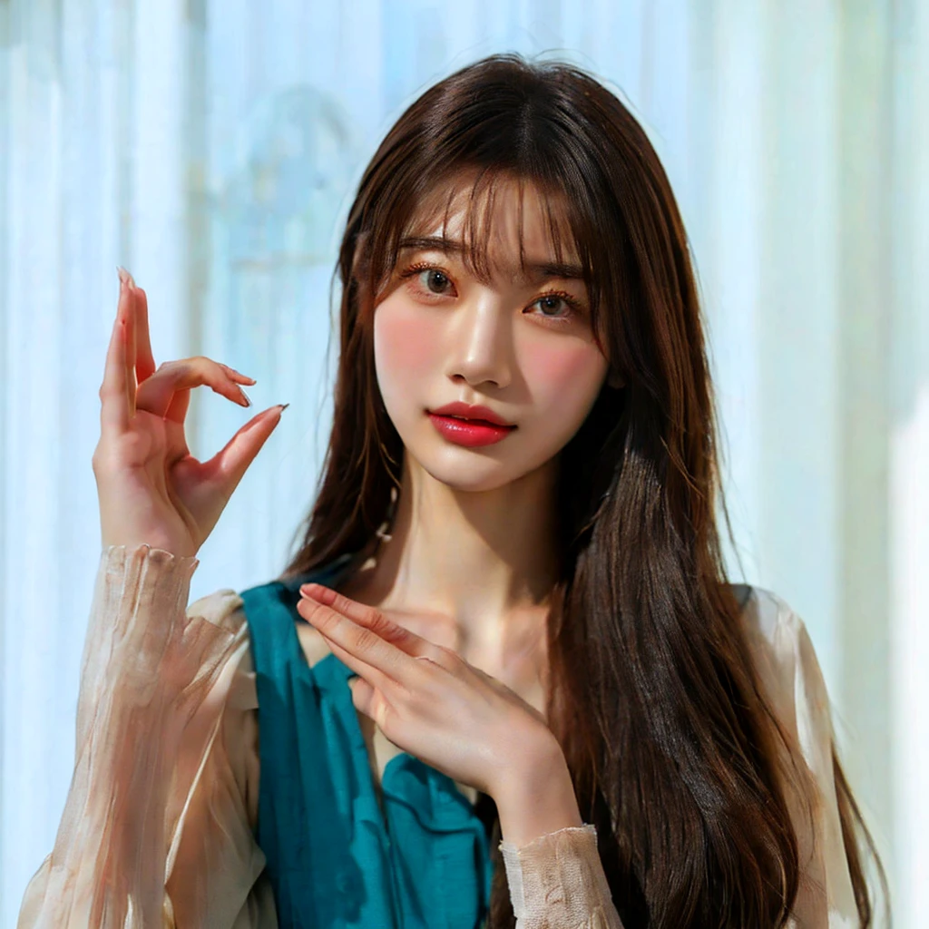 There is a woman making a peace sign with both hands., young Asian woman, beautiful young Korean women, Korean women, Long haired asian girl, Graceful smile pose, young asian girl, a young Asian woman, Professional Profile Photo, beautiful young Asian woman, beautiful south Korean women, gorgeous young Korean women, Asian woman, Chinese women, High-quality portraits