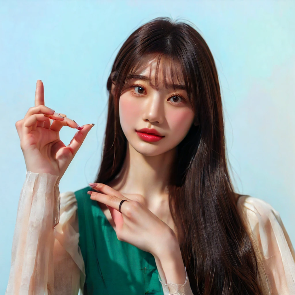 There is a woman making a peace sign with both hands., young Asian woman, beautiful young Korean women, Korean women, Long haired asian girl, Graceful smile pose, young asian girl, a young Asian woman, Professional Profile Photo, beautiful young Asian woman, beautiful south Korean women, gorgeous young Korean women, Asian woman, Chinese women, High-quality portraits