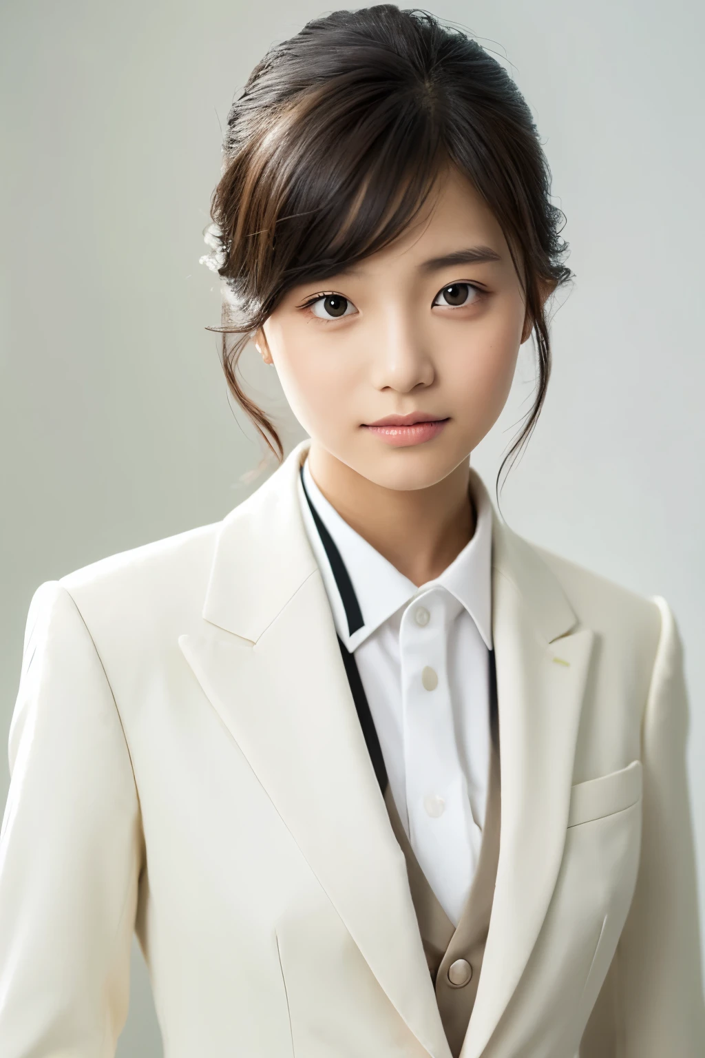 girl, formal suit, white background, looking camera, looking front, neutral expression, ID Photo, formal portrait photo profile picture, upper body