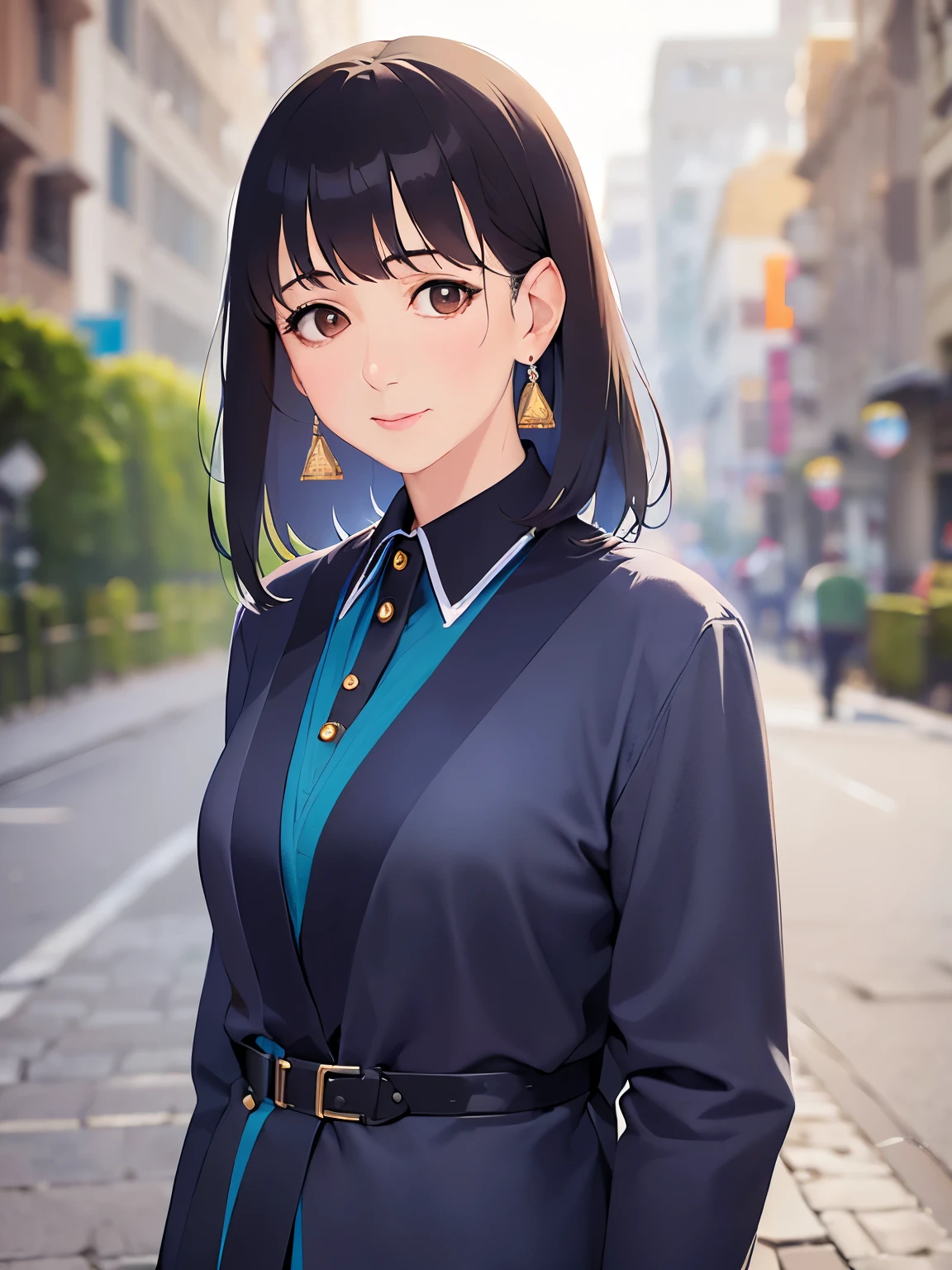 Realistic, real person, RAW photo, photorealistic, portrait photography, shiny skin, japanese idol、Side shot、Black Hair、Medium hair with bangs、(orenge eyes:1.2), (60 year old grandmother:2)、 Wearing a beige suit、smile, Are standing, The hotel lobby in the background、Alone