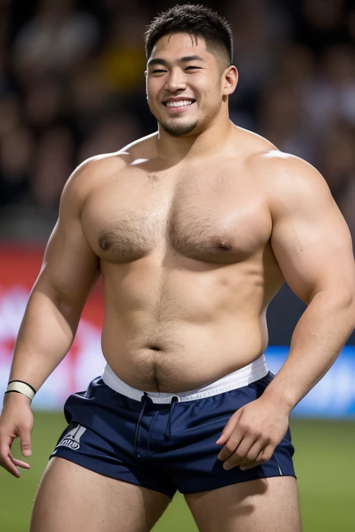 ((highest quality)), ((masterpiece)), (detailed), ((Perfect Face)), 4k, Shaved head, Young Japanese, Muscular, Fat body, Very big man, smile, ((showing off crotch)) A large Japanese man shirtless、whole body、Rugby player、Thick legs、Thick arm muscles、Intimidating、whole body、wearing a very tight and very short black-shorts, (shirtless)、((At the rugby field)), Legs open,