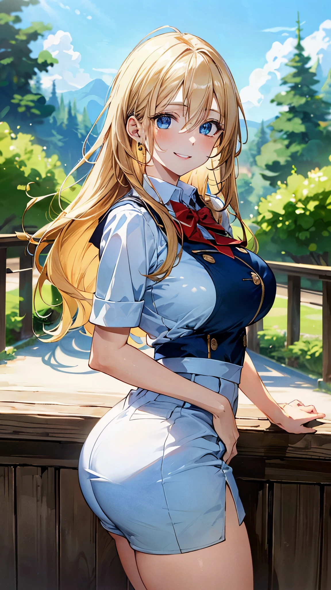 (masterpiece:1.3, best quality, Ultra-high resolution, Very detailed), (Practical, photoPractical:1.4), Fine quality illustrations, Perfect lighting, Natural light, rich and colorful, Cute and symmetrical face, Glowing skin, (Blonde), Hair between the eyes, blue eyes, (Large Breasts, seductive thigh, Big Ass), (beautiful scenery),(Charming smile,), (Uniforms)